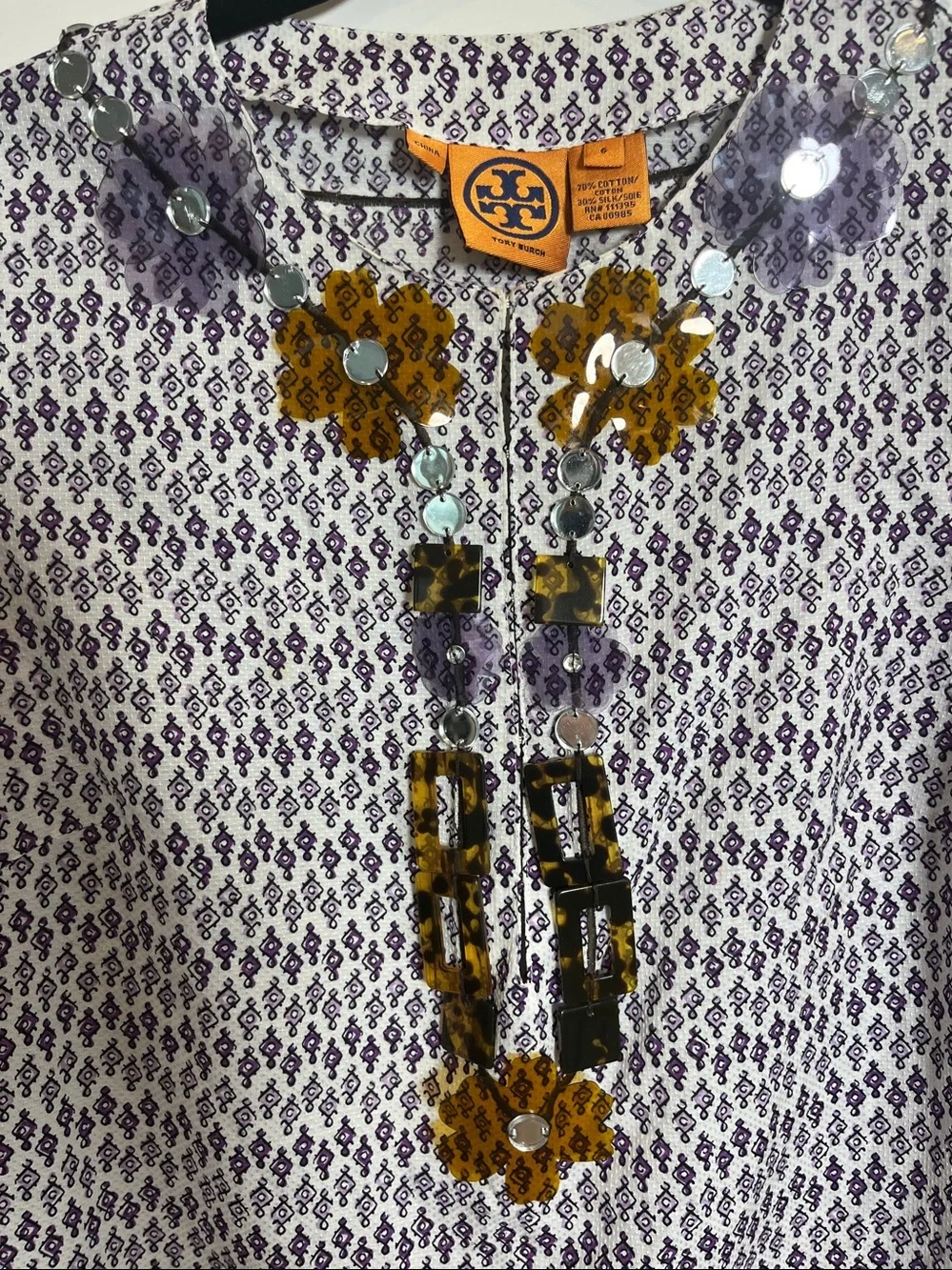 Tory Burch Purple and White Cotton/Silk Tunic Top Size 6